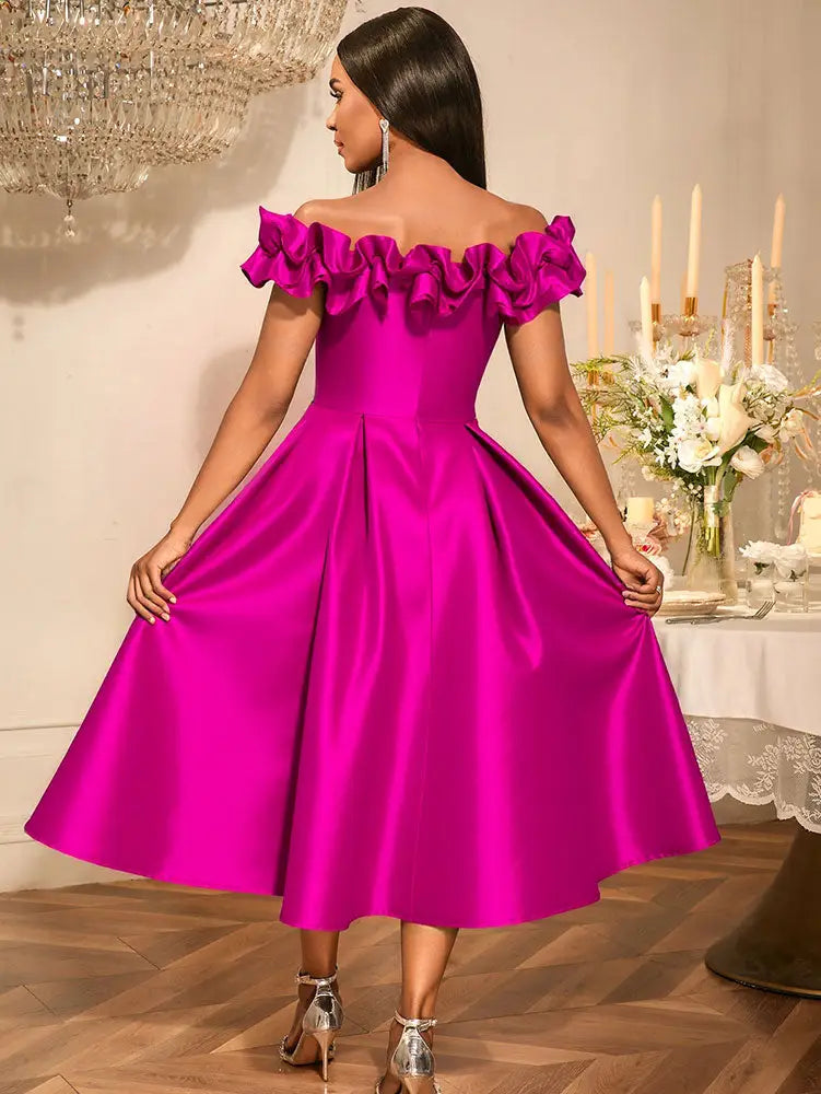 AOMEIDRESS Off Shoulder A Line Dresses Slash Neck Folds Party Gowns