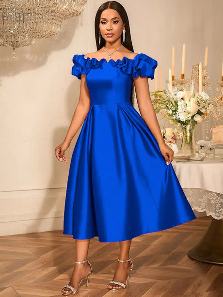 AOMEIDRESS Off Shoulder A Line Dresses Slash Neck Folds Party Gowns Blue / S
