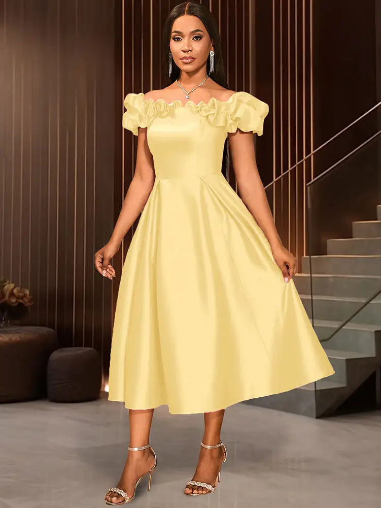 AOMEIDRESS Off Shoulder A Line Dresses Slash Neck Folds Party Gowns LightYellow / S