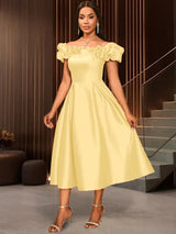 AOMEIDRESS Off Shoulder A Line Dresses Slash Neck Folds Party Gowns LightYellow / S