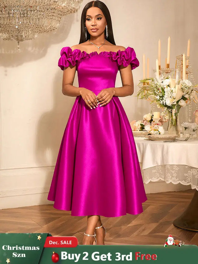 AOMEIDRESS Off Shoulder A Line Dresses Slash Neck Folds Party Gowns Rose / S