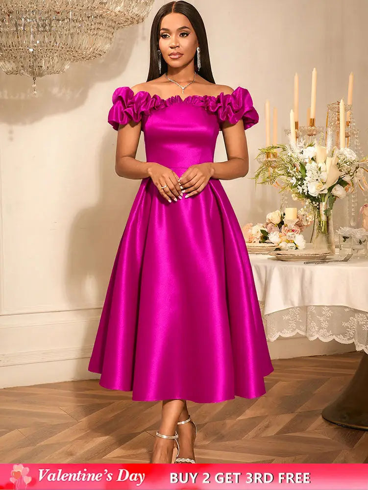 AOMEIDRESS Off Shoulder A Line Dresses Slash Neck Folds Party Gowns Rose / S