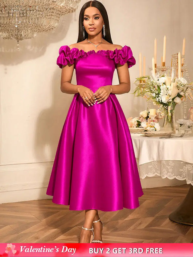 AOMEIDRESS Off Shoulder A Line Dresses Slash Neck Folds Party Gowns Rose / S