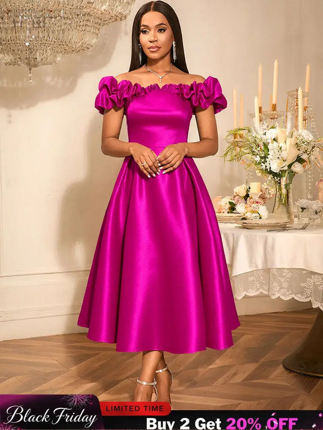 AOMEIDRESS Off Shoulder A Line Dresses Slash Neck Folds Party Gowns Rose / S
