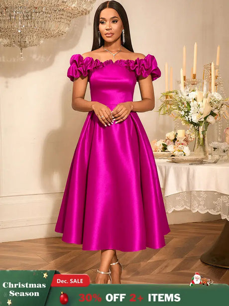 AOMEIDRESS Off Shoulder A Line Dresses Slash Neck Folds Party Gowns Rose / S