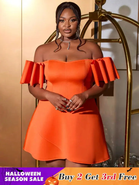 AOMEIDRESS Off Shoulder Orange Dress Backless Short Sleeves A Line Orange / S