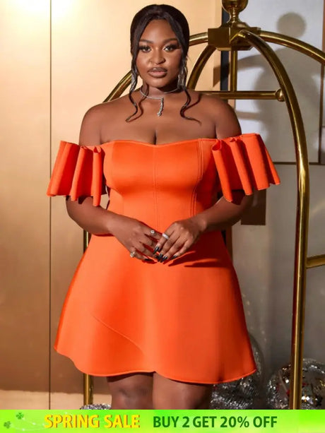 AOMEIDRESS Off Shoulder Orange Dress Backless Short Sleeves A Line Orange / S