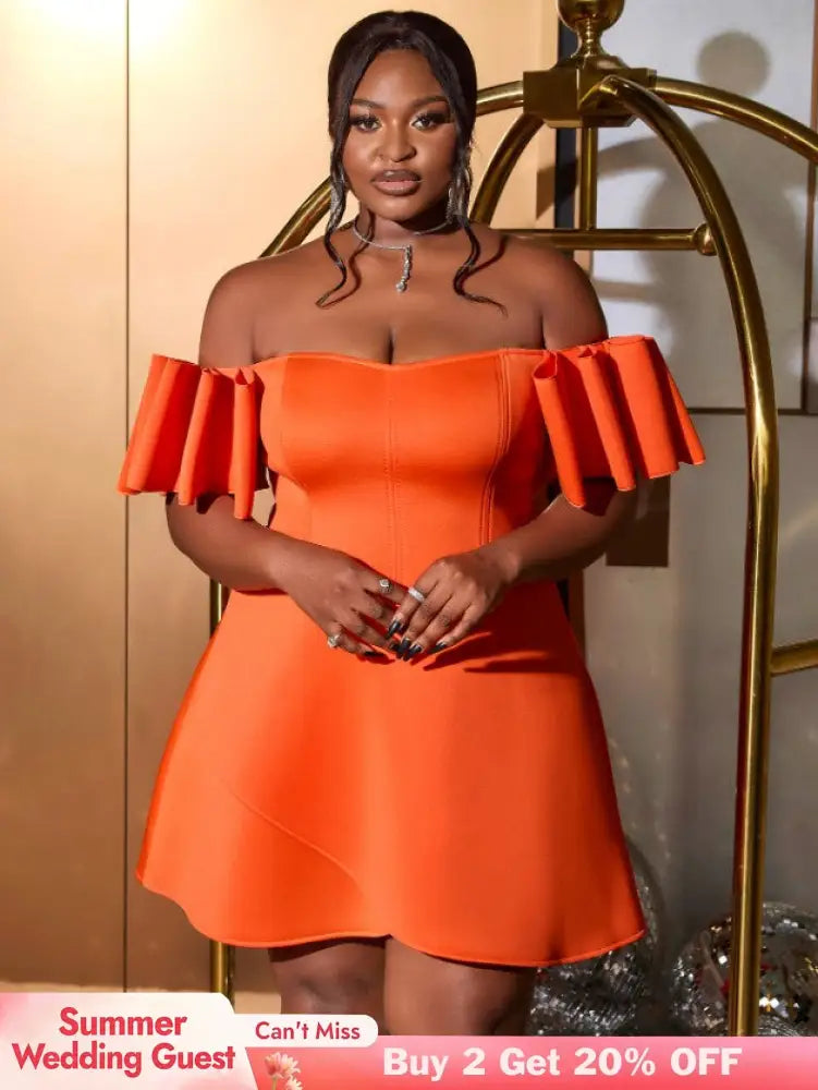 AOMEIDRESS Off Shoulder Orange Dress Backless Short Sleeves A Line Orange / S