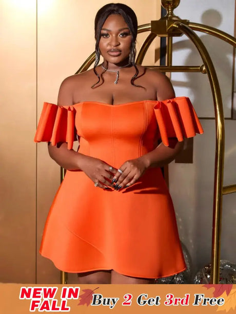 AOMEIDRESS Off Shoulder Orange Dress Backless Short Sleeves A Line Orange / S