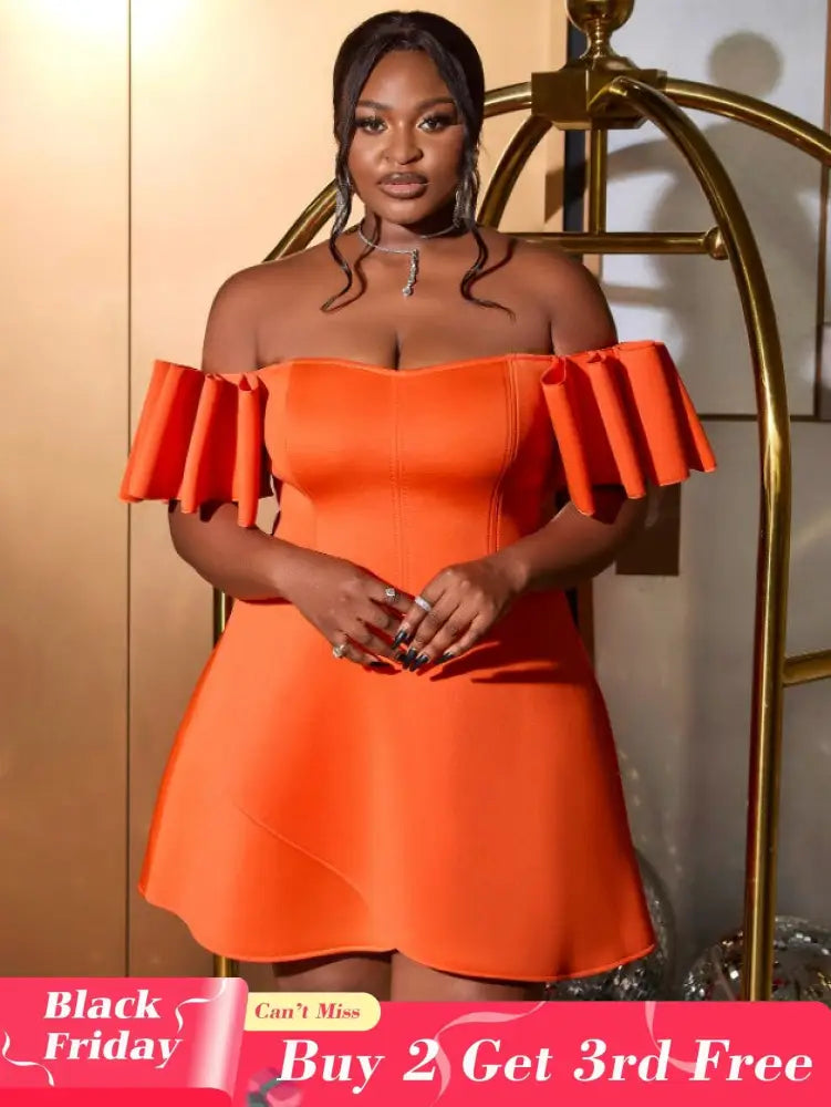 AOMEIDRESS Off Shoulder Orange Dress Backless Short Sleeves A Line Orange / S