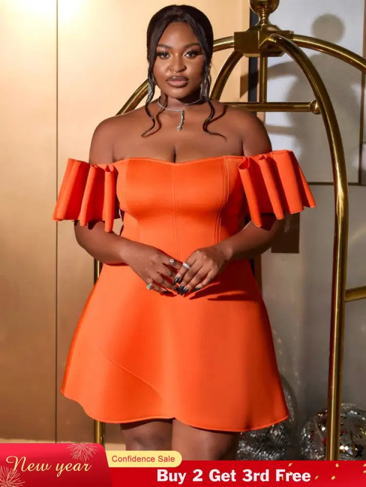 AOMEIDRESS Off Shoulder Orange Dress Backless Short Sleeves A Line Orange / S