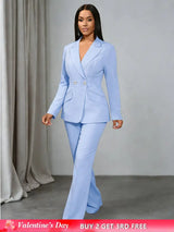 AOMEIDRESS Office Lady Slim Blazer Wide Leg Pants Suit Church Wear LightBlue / S
