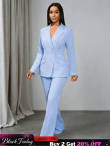 AOMEIDRESS Office Lady Slim Blazer Wide Leg Pants Suit Church Wear LightBlue / S