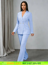 AOMEIDRESS Office Lady Slim Blazer Wide Leg Pants Suit Church Wear LightBlue / S
