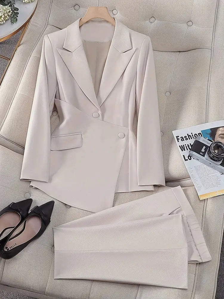 AOMEIDRESS Office Suit V Neck Blazer Flared Pants Business Outfit