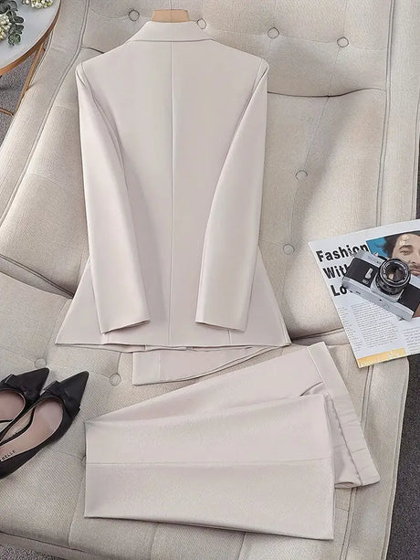 AOMEIDRESS Office Suit V Neck Blazer Flared Pants Business Outfit