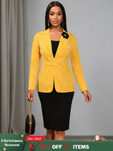 AOMEIDRESS Office Two Piece Set 3D Flower Blazer Black Pencil Skirt Yellow / S