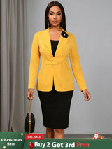 AOMEIDRESS Office Two Piece Set 3D Flower Blazer Black Pencil Skirt Yellow / S