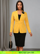 AOMEIDRESS Office Two Piece Set 3D Flower Blazer Black Pencil Skirt Yellow / S