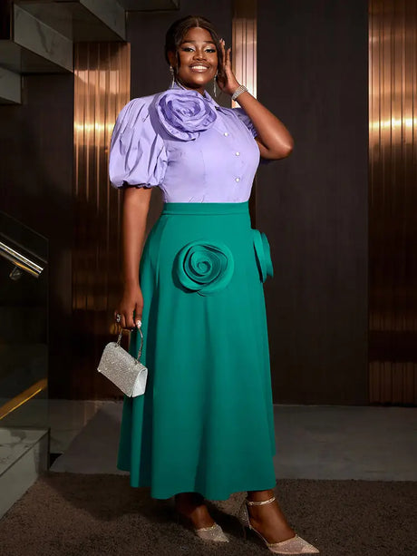 AOMEIDRESS Office Two Piece Set 3D Flower Shirt With A Line Skirt