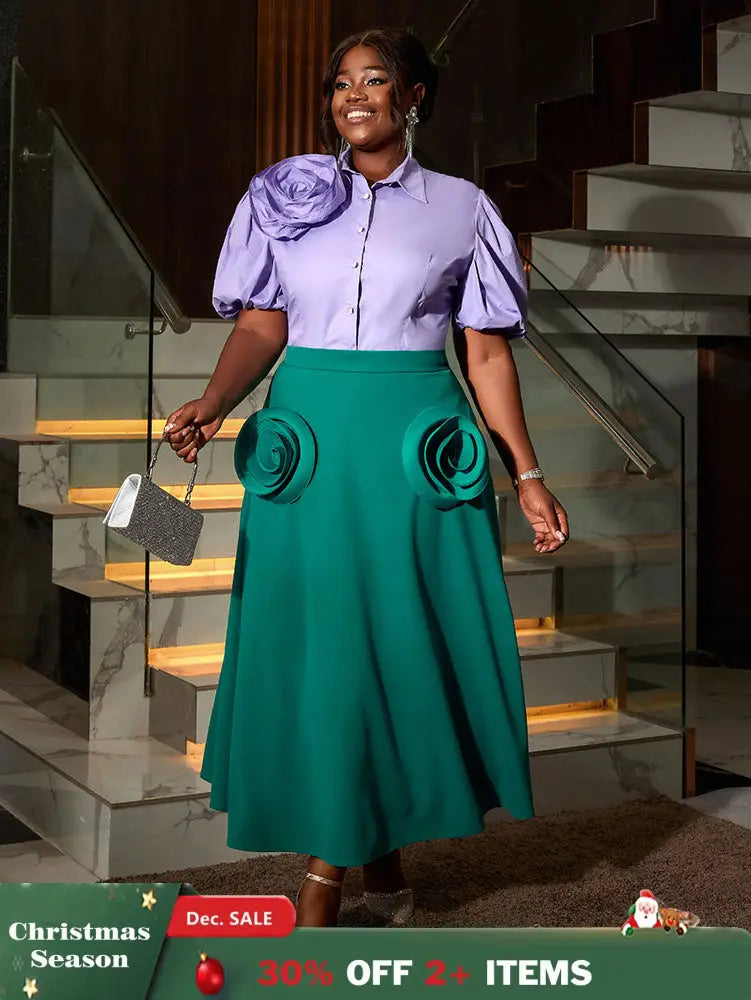 AOMEIDRESS Office Two Piece Set 3D Flower Shirt With A Line Skirt Purple / S