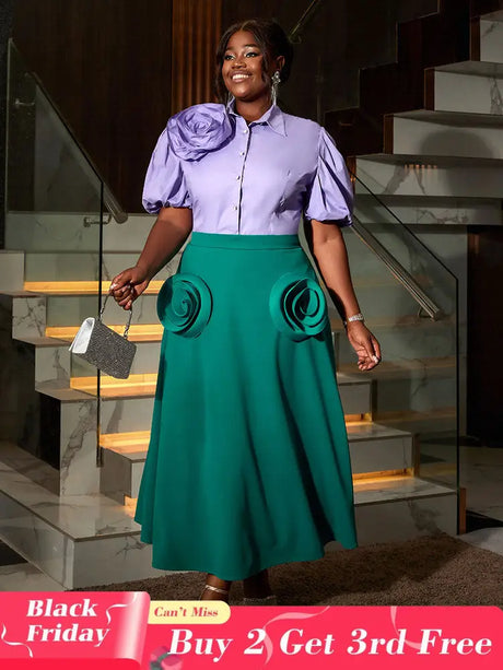 AOMEIDRESS Office Two Piece Set 3D Flower Shirt With A Line Skirt Purple / S