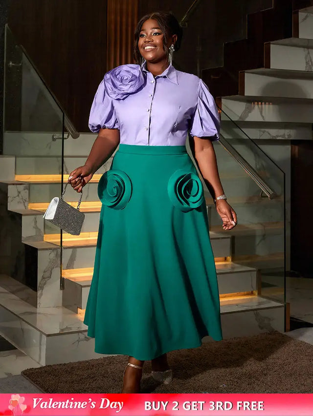 AOMEIDRESS Office Two Piece Set 3D Flower Shirt With A Line Skirt Purple / S