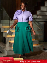 AOMEIDRESS Office Two Piece Set 3D Flower Shirt With A Line Skirt Purple / S