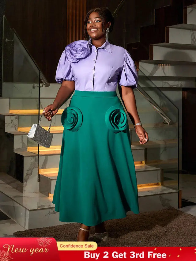 AOMEIDRESS Office Two Piece Set 3D Flower Shirt With A Line Skirt Purple / S