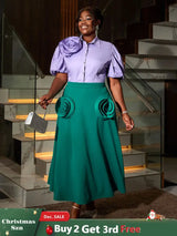 AOMEIDRESS Office Two Piece Set 3D Flower Shirt With A Line Skirt Purple / S