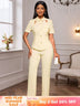 AOMEIDRESS Office Two Pieces Set Short Sleeves Tops Full Length Pants Apricot / S