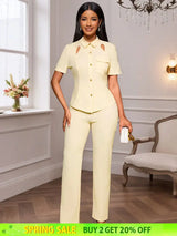 AOMEIDRESS Office Two Pieces Set Short Sleeves Tops Full Length Pants Apricot / S