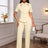 AOMEIDRESS Office Two Pieces Set Short Sleeves Tops Full Length Pants Apricot / S