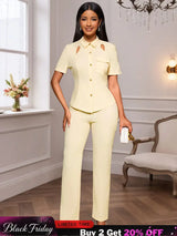 AOMEIDRESS Office Two Pieces Set Short Sleeves Tops Full Length Pants Apricot / S