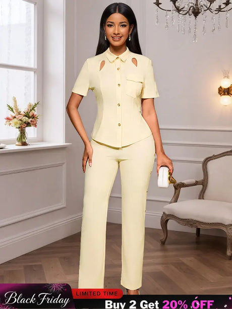 AOMEIDRESS Office Two Pieces Set Short Sleeves Tops Full Length Pants Apricot / S