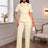 AOMEIDRESS Office Two Pieces Set Short Sleeves Tops Full Length Pants Apricot / S