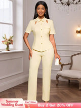 AOMEIDRESS Office Two Pieces Set Short Sleeves Tops Full Length Pants Apricot / S