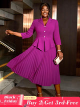 AOMEIDRESS Office Work Pleated Dress Lapel 3/4 Sleeve Button Up
