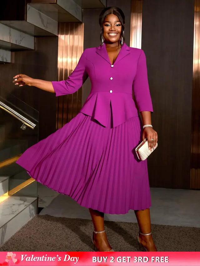 AOMEIDRESS Office Work Pleated Dress Lapel 3/4 Sleeve Button Up
