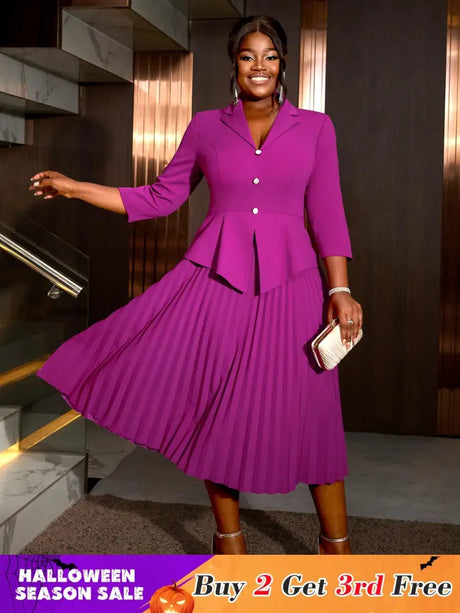 AOMEIDRESS Office Work Pleated Dress Lapel 3/4 Sleeve Button Up
