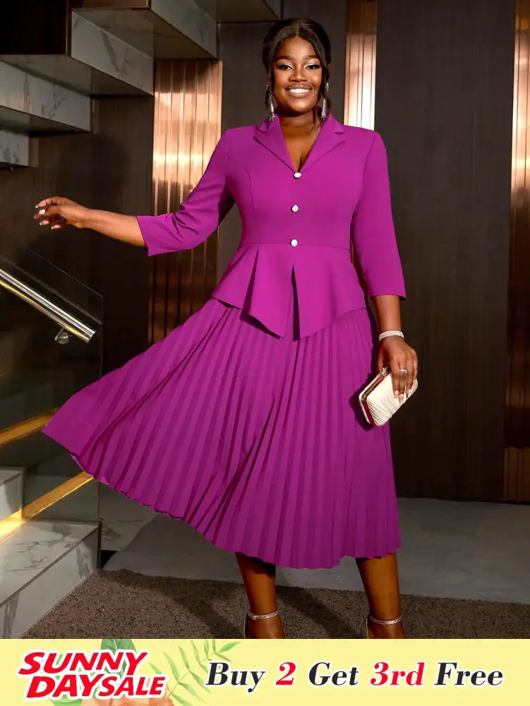 AOMEIDRESS Office Work Pleated Dress Lapel 3/4 Sleeve Button Up
