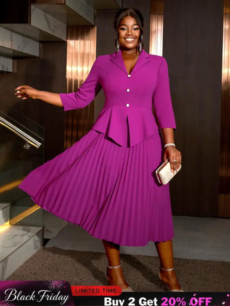 AOMEIDRESS Office Work Pleated Dress Lapel 3/4 Sleeve Button Up
