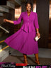 AOMEIDRESS Office Work Pleated Dress Lapel 3/4 Sleeve Button Up
