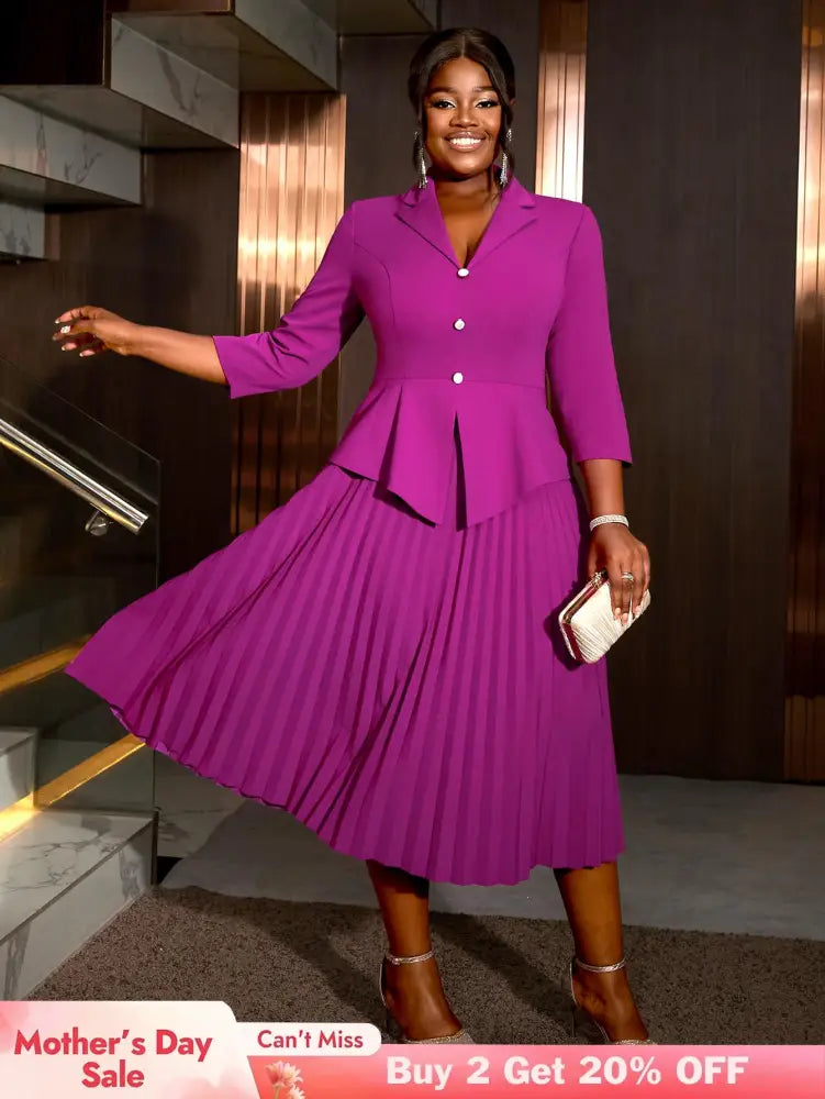 AOMEIDRESS Office Work Pleated Dress Lapel 3/4 Sleeve Button Up
