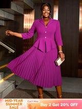 AOMEIDRESS Office Work Pleated Dress Lapel 3/4 Sleeve Button Up

