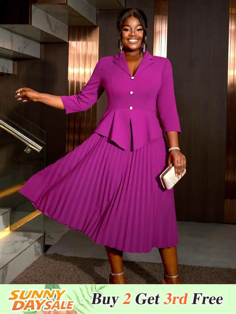 AOMEIDRESS Office Work Pleated Dress Lapel 3/4 Sleeve Button Up
