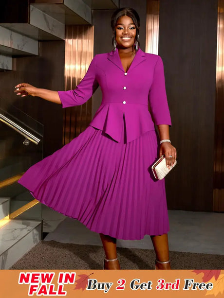 AOMEIDRESS Office Work Pleated Dress Lapel 3/4 Sleeve Button Up
