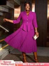 AOMEIDRESS Office Work Pleated Dress Lapel 3/4 Sleeve Button Up
