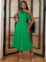 AOMEIDRESS One Shoulder A Line Pleated Party Dresses Ruffle Detail Green / S