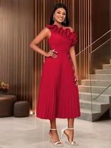 AOMEIDRESS One Shoulder A Line Pleated Party Dresses Ruffle Detail Red / S